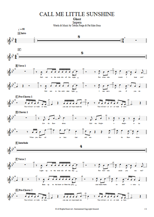 Call Me Little Sunshine Ghost guitar pro tab Vocals Guitars, Bass & Backing Track mysongbook
