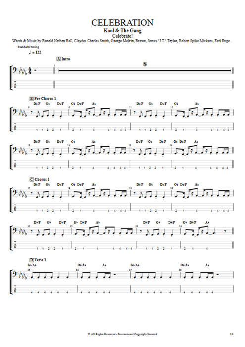 Celebration Kool & the Gang guitar pro tab EBass Full Score mysongbook