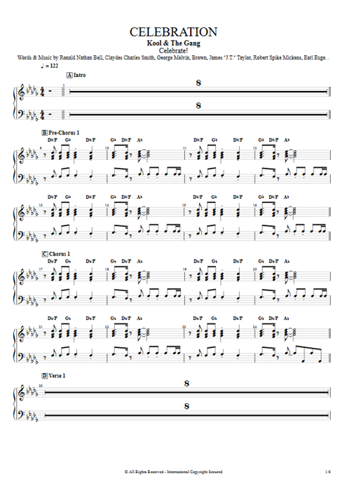 Celebration Kool & the Gang guitar pro tab Clavinet Full Score mysongbook
