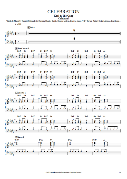 Celebration Kool & the Gang guitar pro tab Wurlitzer Full Score mysongbook
