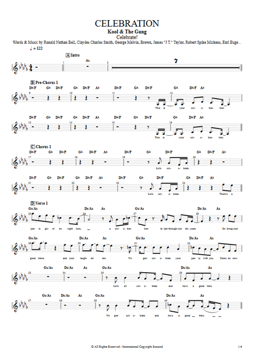 Celebration Kool & the Gang guitar pro tab Vocals Full Score mysongbook