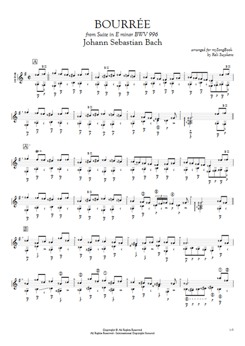 Bourrée BWV 996 Johann Sebastian Bach guitar pro tab AGuitar Solo Guitar mysongbook