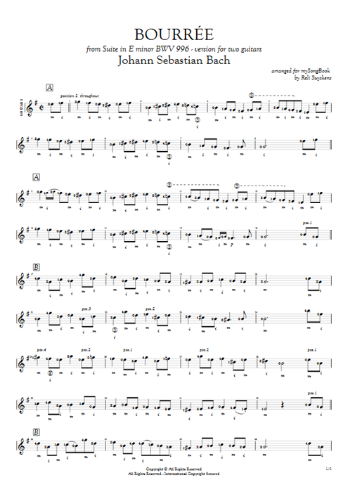 Bourrée BWV 996 Johann Sebastian Bach guitar pro tab AGuitarI Guitar Duet mysongbook