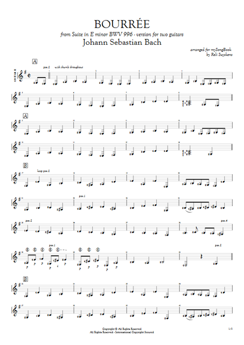 Bourrée BWV 996 Johann Sebastian Bach guitar pro tab AGuitarII Guitar Duet mysongbook