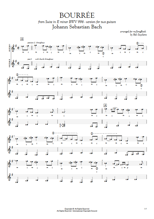 Bourrée BWV 996 Johann Sebastian Bach guitar pro tab Full Score Guitar Duet mysongbook