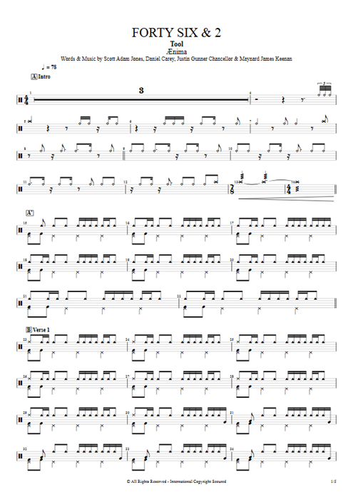 Forty Six & 2 Tool guitar pro tab Drums Full Score mysongbook