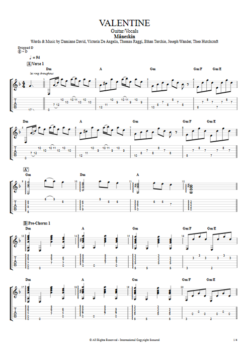 Valentine Måneskin guitar pro tab AGuitar Guitar & Vocals mysongbook