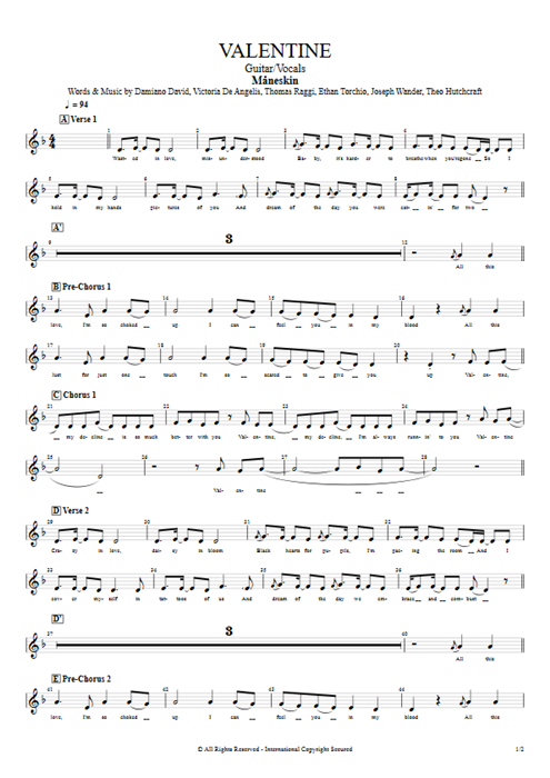 Valentine Måneskin guitar pro tab Vocals Guitar & Vocals mysongbook