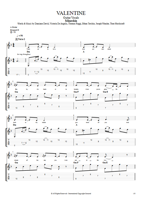 Valentine Måneskin guitar pro tab Full Score Guitar & Vocals mysongbook
