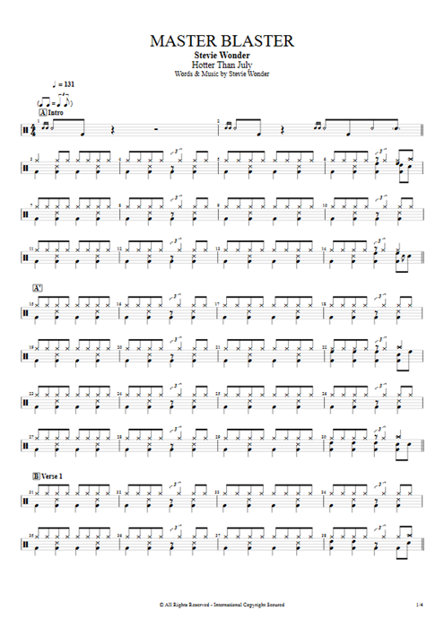 Master Blaster Stevie Wonder guitar pro tab Drums Full Score mysongbook