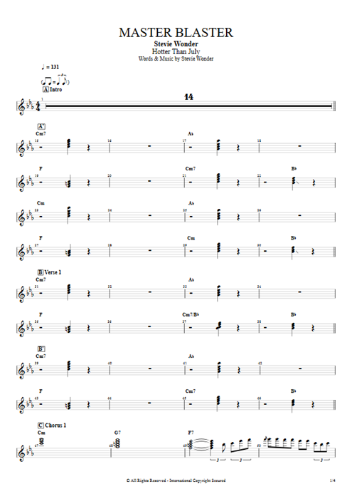 Master Blaster Stevie Wonder guitar pro tab Organ Full Score mysongbook