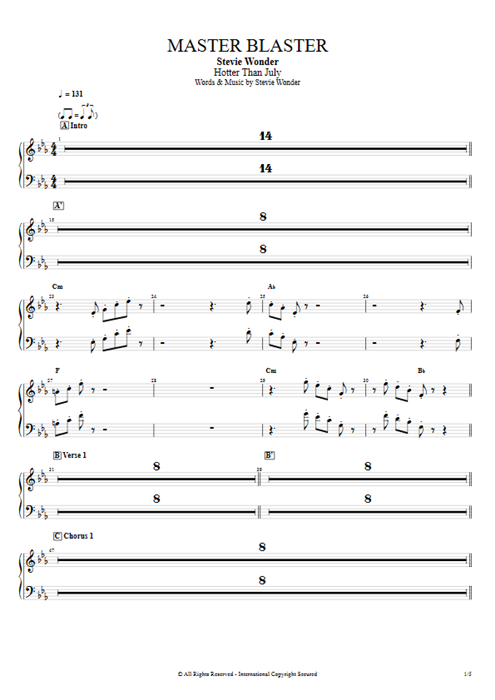 Master Blaster Stevie Wonder guitar pro tab Brass Full Score mysongbook