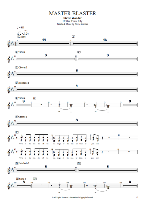 Master Blaster Stevie Wonder guitar pro tab BackVoc Full Score mysongbook