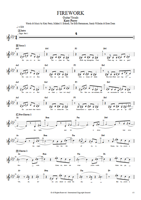 Firework Katy Perry guitar pro tab Vocals Guitarra y voz mysongbook