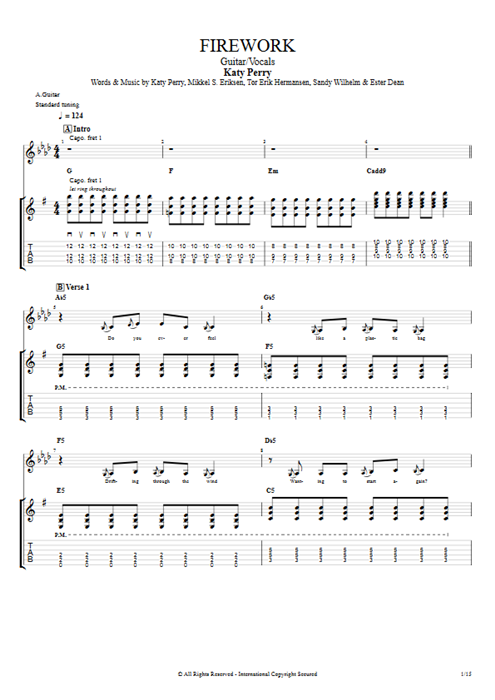 Firework Katy Perry guitar pro tab Full Score Guitarra y voz mysongbook