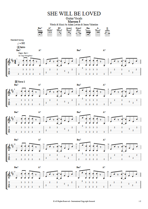 She Will Be Loved Maroon 5 guitar pro tab AGuitar Guitarra y voz mysongbook