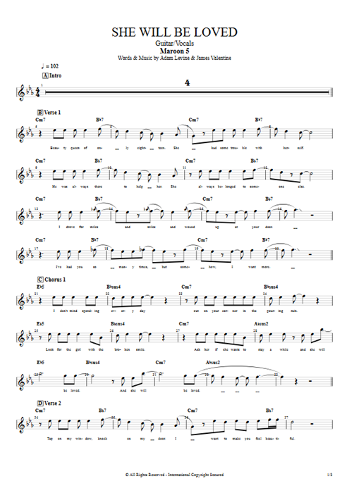 She Will Be Loved Maroon 5 guitar pro tab Vocals Guitarra y voz mysongbook