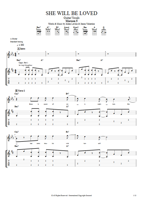 She Will Be Loved Maroon 5 guitar pro tab Full Score Guitarra y voz mysongbook