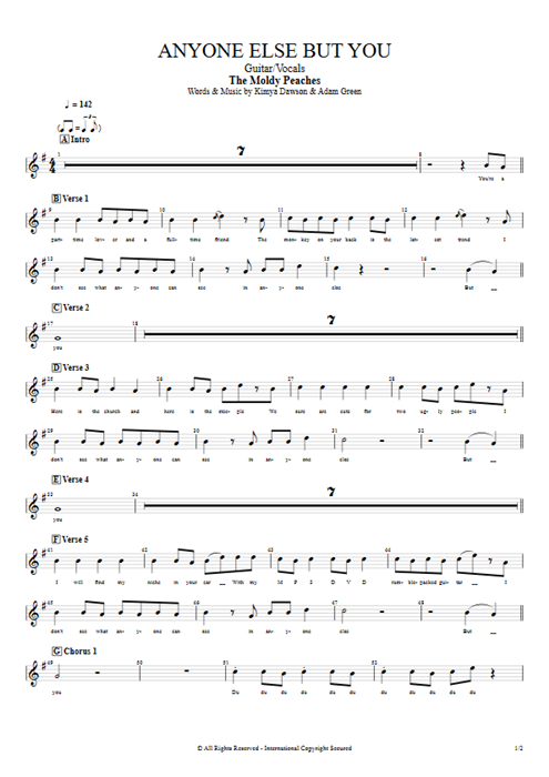 Anyone Else But You The Moldy Peaches guitar pro tab VocalsI Guitarra y voz mysongbook