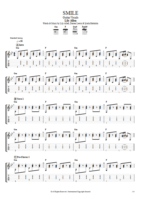 Smile Lily Allen guitar pro tab EGuitar Guitarra y voz mysongbook