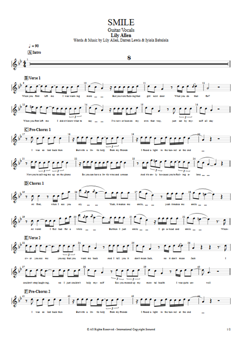 Smile Lily Allen guitar pro tab Vocals Guitarra y voz mysongbook