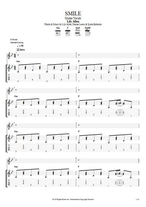 Smile Lily Allen guitar pro tab Full Score Guitarra y voz mysongbook