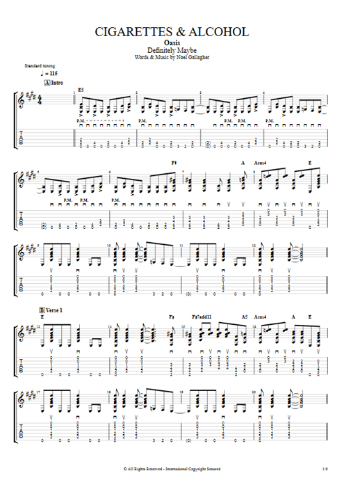 Cigarettes & Alcohol Oasis guitar pro tab EGuitarII Full Score mysongbook