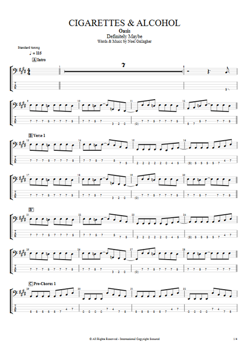 Cigarettes & Alcohol Oasis guitar pro tab EBass Full Score mysongbook