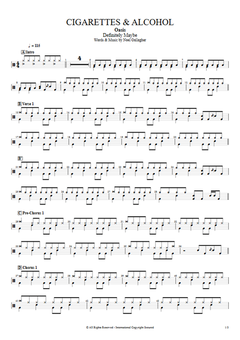 Cigarettes & Alcohol Oasis guitar pro tab Drums Full Score mysongbook