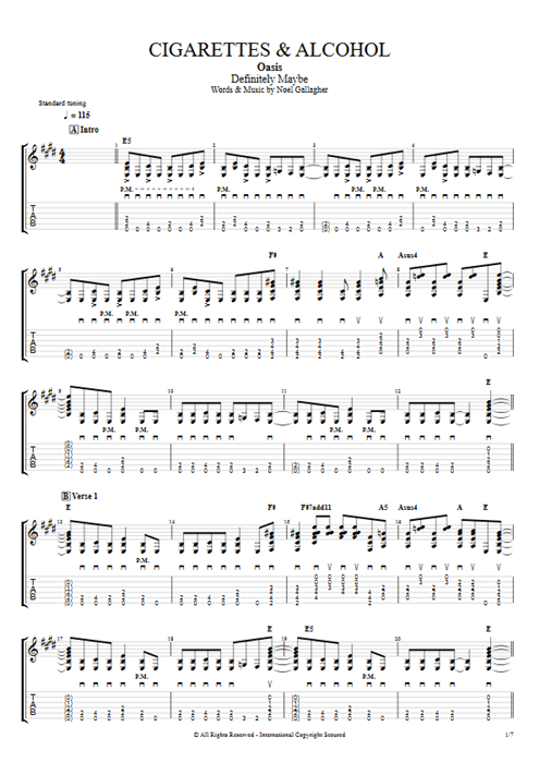 Cigarettes & Alcohol Oasis guitar pro tab EGuitarI Guitares et piste d'accompagnement mysongbook