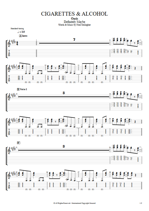 Cigarettes & Alcohol Oasis guitar pro tab EGuitarIII Guitares et piste d'accompagnement mysongbook