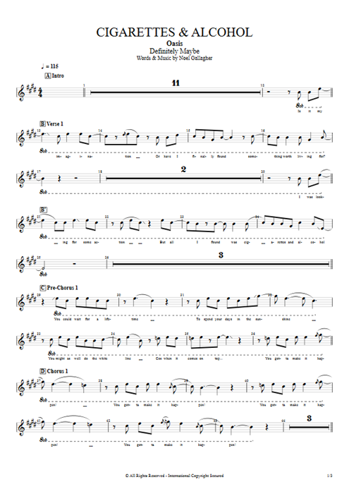 Cigarettes & Alcohol Oasis guitar pro tab Vocals Guitares et piste d'accompagnement mysongbook