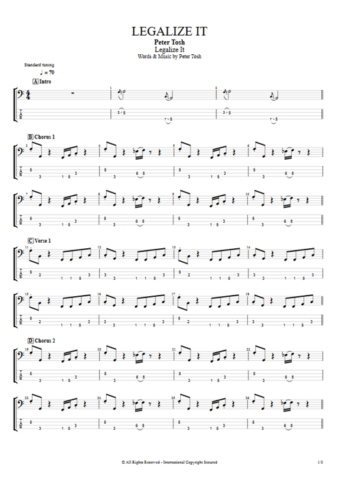 Legalize It Peter Tosh guitar pro tab EBass Full Score mysongbook