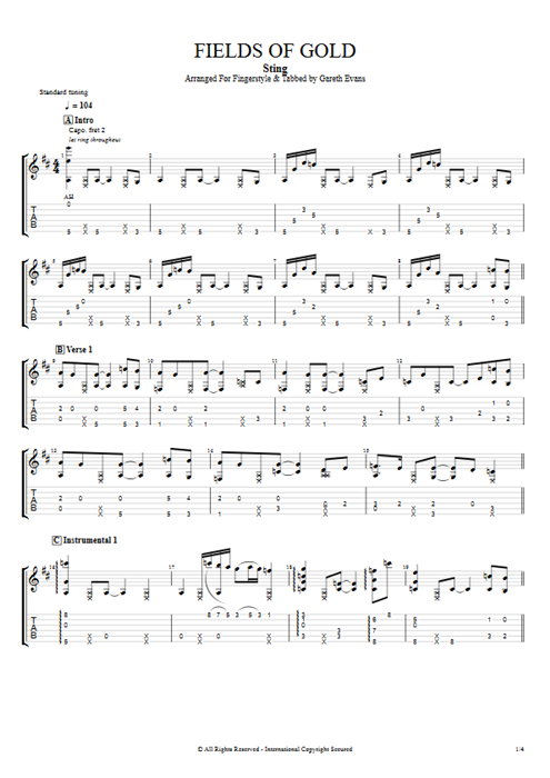 Fields of Gold Sting guitar pro tab AGuitar Guitar by Gareth Evans mysongbook