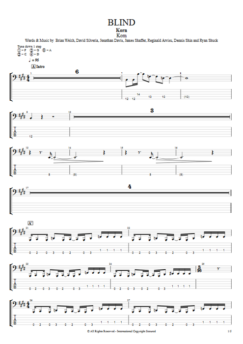 Blind Korn guitar pro tab EBass Full Score mysongbook