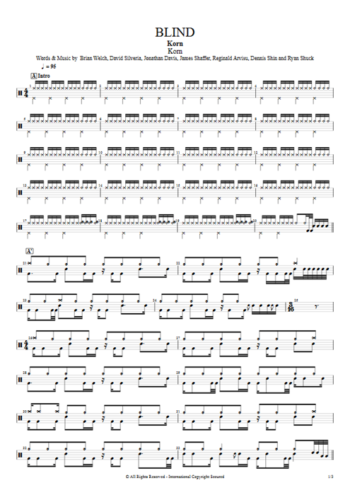 Blind Korn guitar pro tab Drums Full Score mysongbook