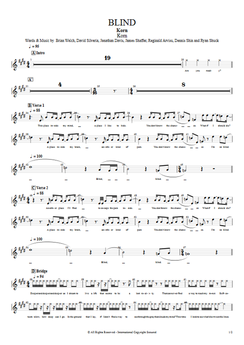 Blind Korn guitar pro tab Vocals Full Score mysongbook