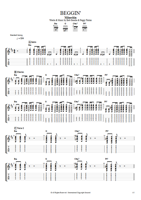 Beggin' Måneskin guitar pro tab EGuitar Guitar mysongbook