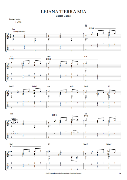 Lejana Tierra Mia Carlos Gardel guitar pro tab AGuitar Guitarra solo mysongbook
