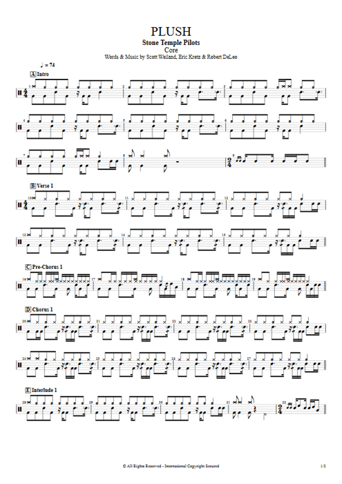 Plush Stone Temple Pilots guitar pro tab Drums Full Score mysongbook