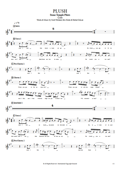 Plush Stone Temple Pilots guitar pro tab Vocals Full Score mysongbook