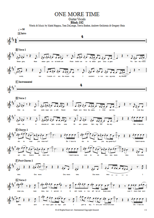 One More Time Blink-182 guitar pro tab Vocals Guitare et voix mysongbook