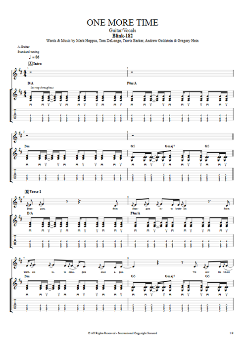 One More Time Blink-182 guitar pro tab Full Score Guitare et voix mysongbook