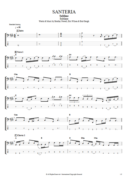 Santeria Sublime guitar pro tab EBass Full Score mysongbook