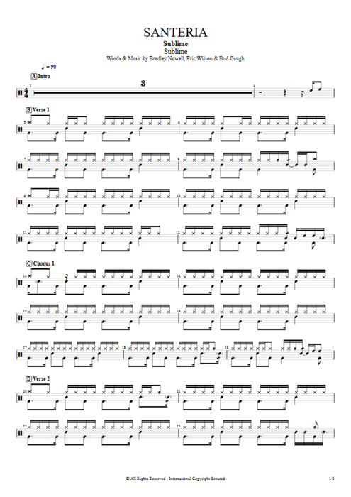 Santeria Sublime guitar pro tab Drums Full Score mysongbook