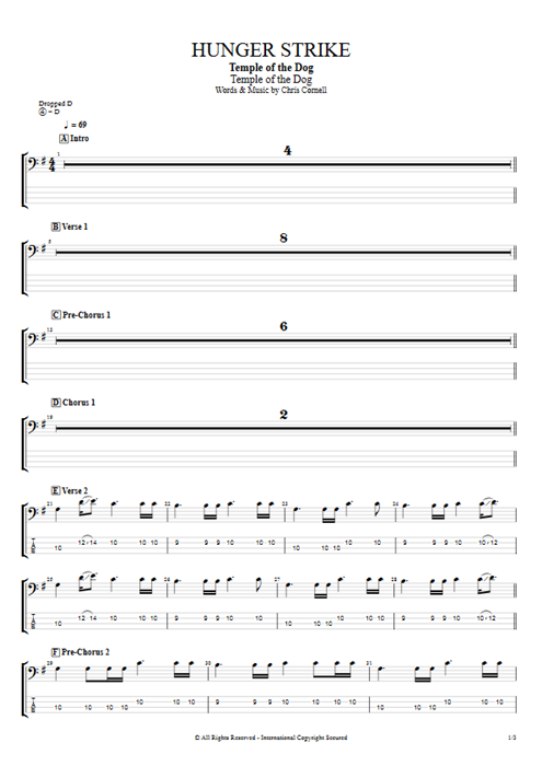 Hunger Strike Temple of the Dog guitar pro tab EBass Full Score mysongbook