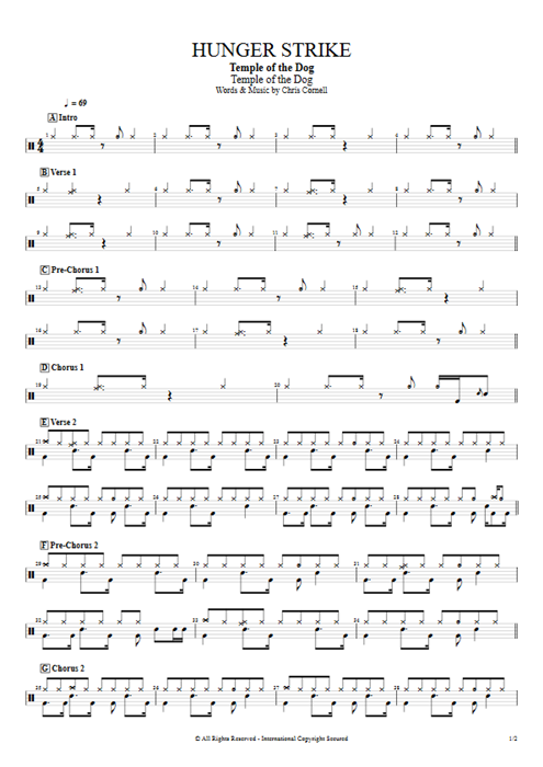 Hunger Strike Temple of the Dog guitar pro tab Drums Full Score mysongbook