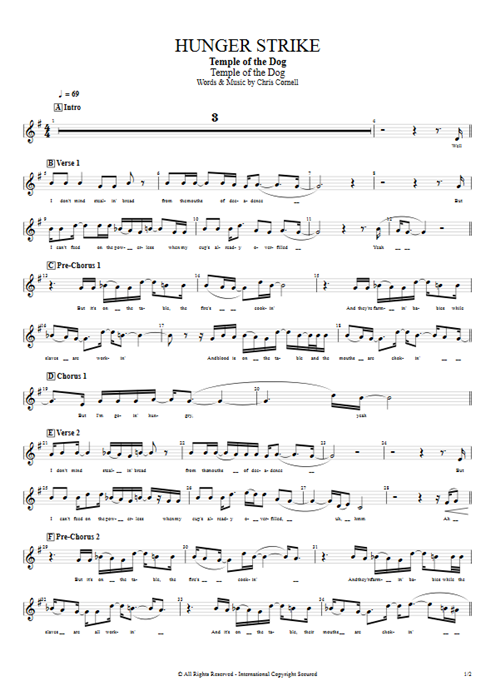Hunger Strike Temple of the Dog guitar pro tab Vocals Full Score mysongbook