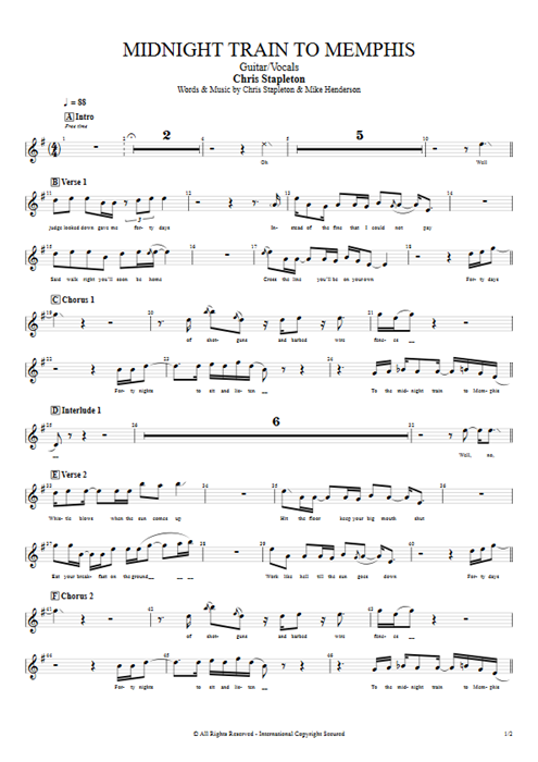 Midnight Train To Memphis Chris Stapleton guitar pro tab Vocals Guitarra y voz mysongbook