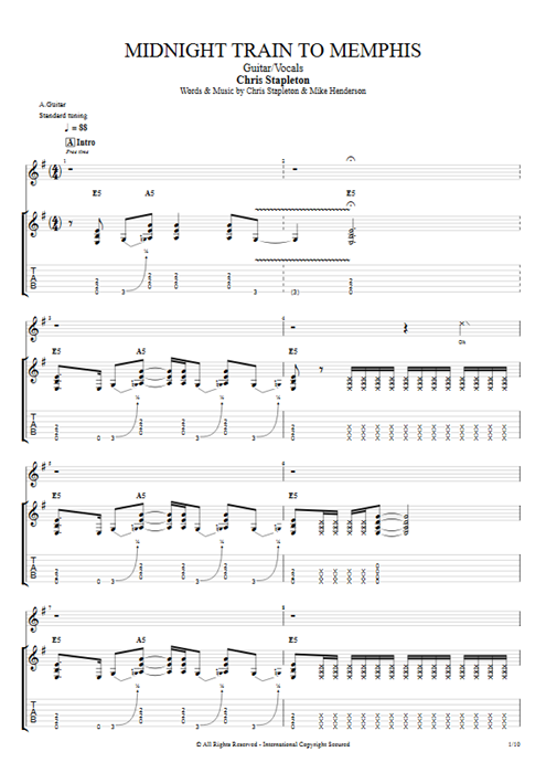 Midnight Train To Memphis Chris Stapleton guitar pro tab Full Score Guitarra y voz mysongbook